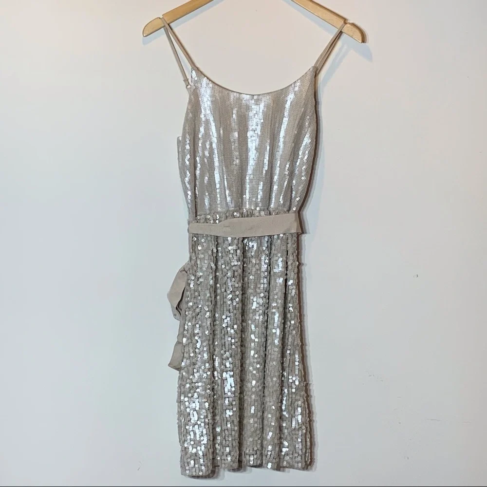 EUC Express Sequin Embellished Adjustable Spaghetti‎ Strap Cream and Tan Dress